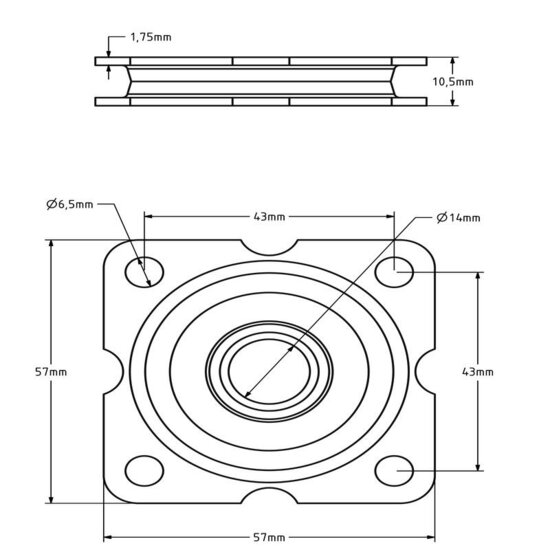 Draaikranslager 57x57 mm - 50 kg