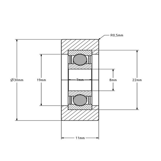 Polyurethaan looprol 8x30x11 mm - 22 kg