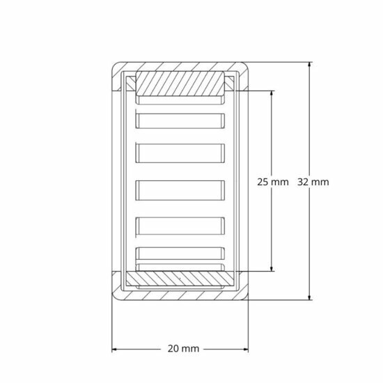 Lager HK2520 afmetingen tekening 25x32x20 mm