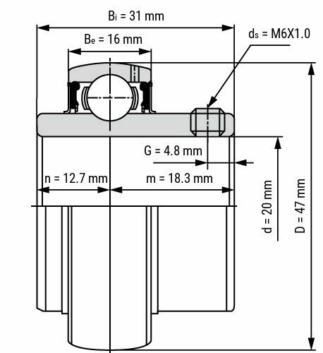Lager SS UC204 afmetingen tekening 20x47x31 mm