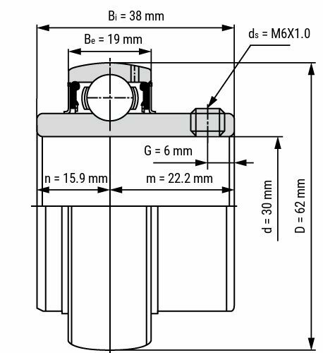 Lager SS UC206 afmetingen tekening 30x62x38.1 mm