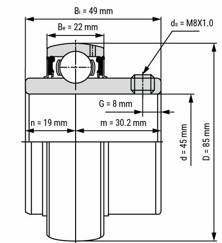 Lager SS UC209 afmetingen tekening 45x85x49.2 mm