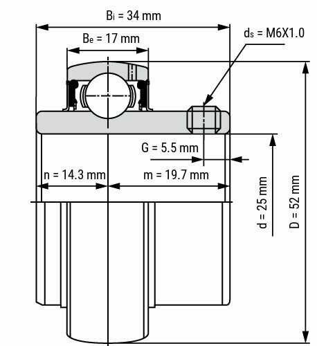 Lager UC 205 afmetingen tekening 25x52x34 mm